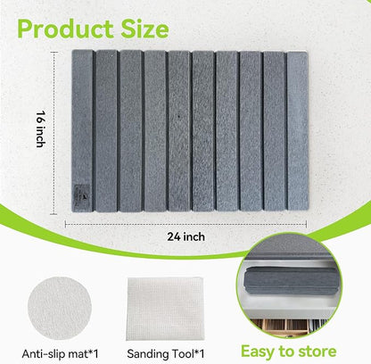Large Stone Dish Drying Mats for Kitchen Counter - 24"(L)×16"(W) Quick Dry Collapsible Dish Drying Mat for Dishes Bottles Cups, Eco-friendly Diatomaceous Earth Absorbent Mat for Any Countertop Gray