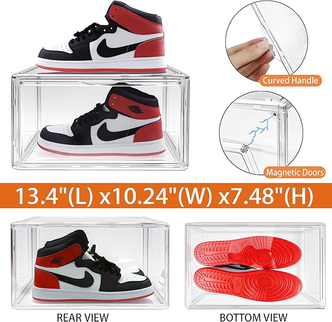 3BBYJL 12 Pack Acrylic Sneakr Shoe Display Case, Size 12.5 Shoe Storage Boxes Clear Stackable Purse Handbag Organizer Under Bed Storage Bins with Magnetic Lids