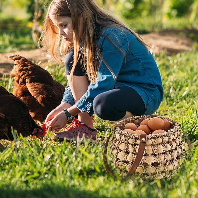 Farmhouse Oval Egg Baskets for Collecting Fresh Eggs,Small Wicker Basket with Handle,Garden Harvest Basket for Gathering Vegetables,Fruit Basket Bin for Kitchen,Garden,Picnic (Round-S)
