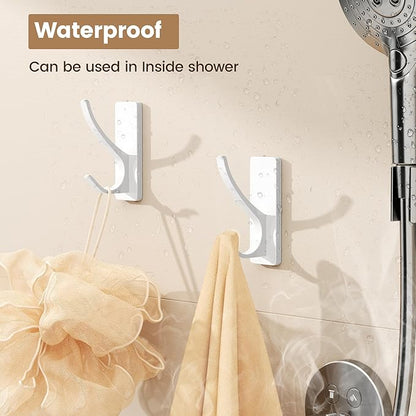 Josmimic Self Adhesive Towel Hooks: Extra Strong 13LB, Stainless Hook for Hanging Loofah, Towels, Coat, Bath Robe Bathroom Shower, White, 4 Pack