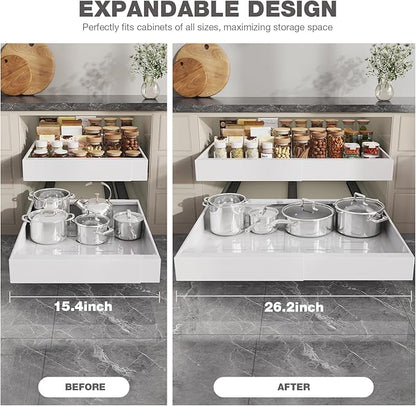 Seinloes 2 Pack Pull Out Cabinet Organizer 22" Deep,Full Extension 3 Slide Rails Slide Out Drawers With Raising Pad for Framed Cabinets,Expandable Width (15.4"-26.2"),No Drill Roll Out shelf,White