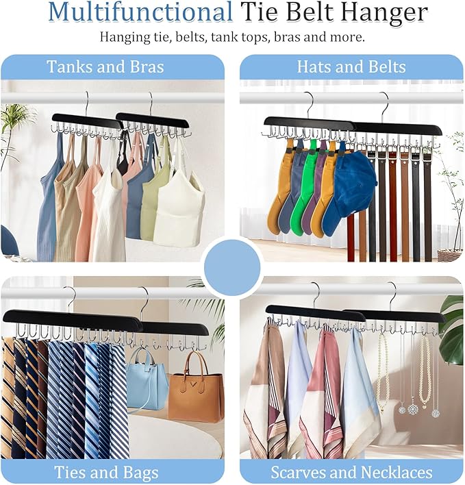 2-in-1 Belt and Tie Hanger for Closet, Upgraded Tie Rack with 20 Foldable Non-Slip Hooks, Max 30 Belts and 30 Ties, Space-Saving Wooden Tie and Belt Organizer for Camisoles, Bras, Scarves