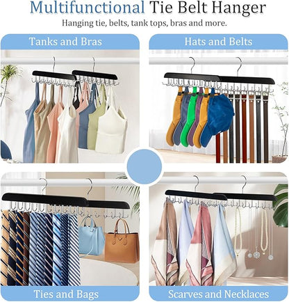 2-in-1 Belt and Tie Hanger for Closet, Upgraded Tie Rack with 20 Foldable Non-Slip Hooks, Max 30 Belts and 30 Ties, Space-Saving Wooden Tie and Belt Organizer for Camisoles, Bras, Scarves