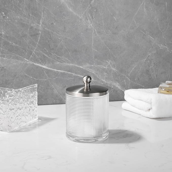 Indecor Home Clear Transparent Apothecary Ribbed Geometric Etched Glass Jar W/Satin Nickel Metal Lid for Bathroom Organization, Cotton Balls, Q Tips, and Small Accessories, Bathroom Storage