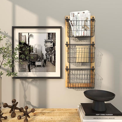 Deco 79 Metal 3 Slot Magazine Rack Holder with Wood Frame and Suspended Wire Baskets, 14" x 5" x 34", Black