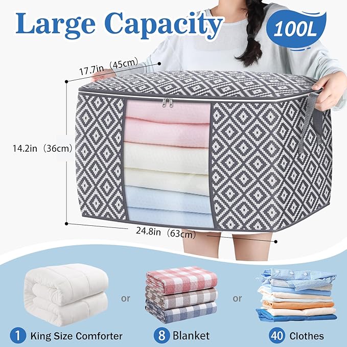 StorageTastic Direct 100L, 4 Pack, Storage Containers, Large Clothes Storage Bins Foldable Organization and Storage Bags with Reinforced Handle, Clear Window for Bedding, Blankets, Clothing, Grey