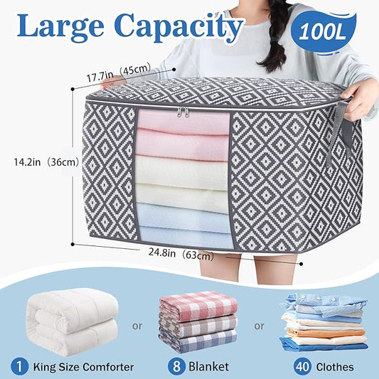 StorageTastic Direct 100L, 4 Pack, Storage Containers, Large Clothes Storage Bins Foldable Organization and Storage Bags with Reinforced Handle, Clear Window for Bedding, Blankets, Clothing, Grey