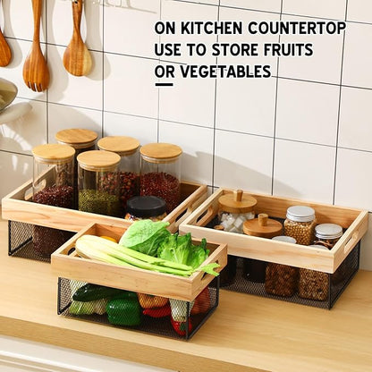 Honeydak 3 Pcs Metal Wire Baskets Stackable Wooden Countertop Baskets for Kitchen Large Wooden Storage Organizer for Pantry Farmhouse Decor Mesh Storage Organizer Bins for Laundry Room Bathroom Closet