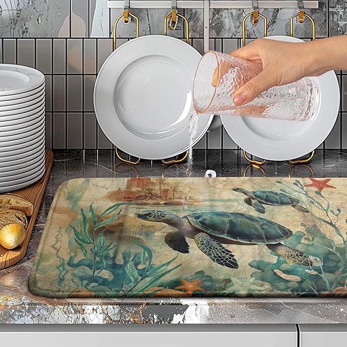 Wnoesat Sea Turtle Dish Drying Mat for Kitchen Counter Vintage Ocean Animal Microfiber Absorbent Dish Drainer Rack Mat Nautical Drying Mats Large Dish Draining Mat 18x24 Inch, 240220
