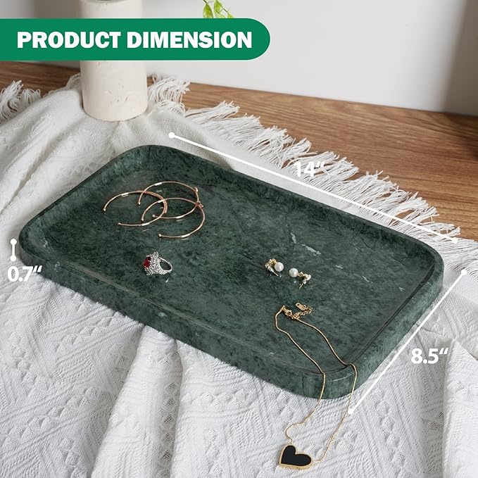Karibiber Marble Vanity Tray, Bathroom Tray for Countertop, 14'' Green Decoration for Dresser Organizer, Large Serving for Kitchen, Marble Storage for Coffee Table, Perfume, Jewelry Holder