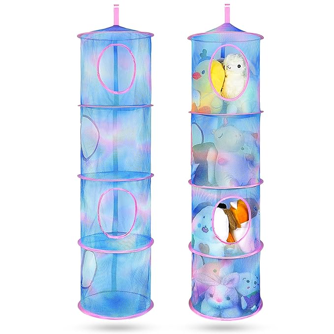 Basumee Stuffed Animals Net or Hammock 2 Pcs Stuffed Animals Storage Toy Net Hammock for Plushies Storage Organizer Mesh Kids Girls Room Decor, Blue Teal, 4 Tiers