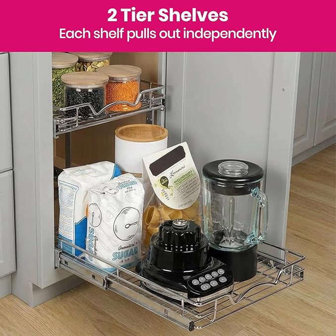 HOLDN’ STORAGE Two Tier Pull Out Cabinet Organizer, Individual Sliding Drawers - Heavy Duty Metal with Lifetime Limited Warranty - Anti Rust Chrome Finish - 17" W x 21”D x 16.5" H