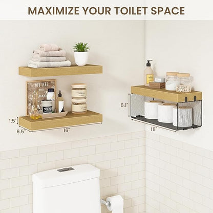 Bathroom Floating Shelves for Wall,16 inch Wall Mounted Floating Shelf Toilet Organizer and Storage,Small Farmhouse Decor Shelf,Oak,Set of 3