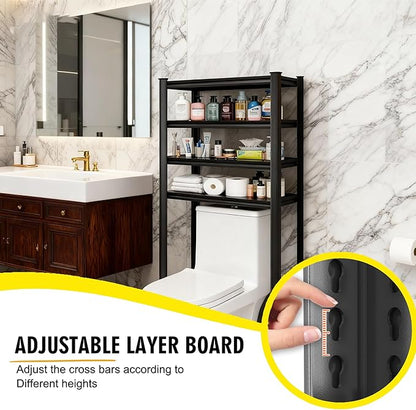 Over The Toilet Storage Shelf, Freestanding Metal Bathroom Shelf Organizer, Waterproof Rustproof Space Saver, Black，63''H×27.6''W×13.8''D