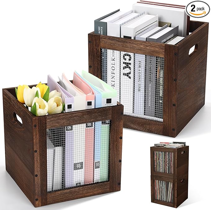 2 Pack Stackable Wood Storage Bins with Metal Wire and Handles 13 x 13 x 13 Inch, 36l Cube Vinyl Record Holder Wooden Storage Crate Basket for Shelve Fruit Vegetable Pantry Toy(Walnut)