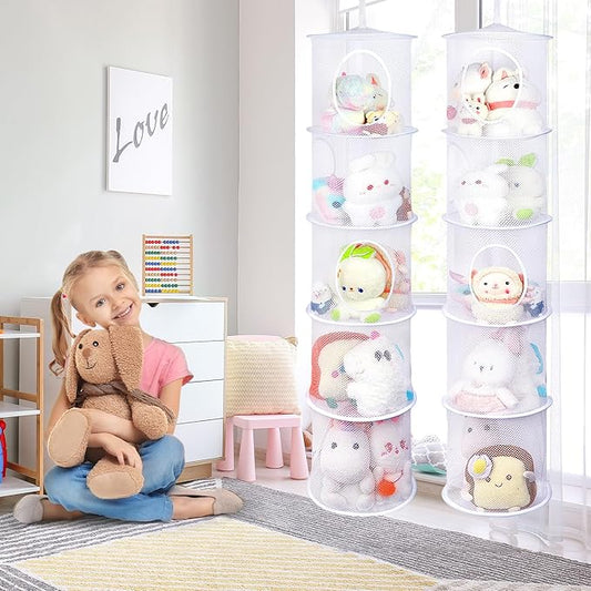 Basumee Stuffed Animals Net or Hammock 2 Pcs Stuffed Animals Storage Toy Net Hammock for Plushies Storage Organizer Mesh Kids Girls Room Decor, White, 5 Tiers