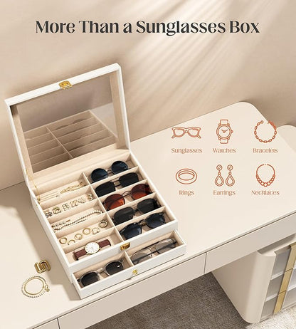 sensok Sunglasses Organizer Storage Box - 20 Slots Eyeglass Display Case for Multiple Pair Glasses, 2-Layer Holder with Clear Glass Lid, Jewelry and Watch Collection Box for Women and Men, White