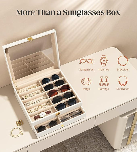 sensok Sunglasses Organizer Storage Box - 20 Slots Eyeglass Display Case for Multiple Pair Glasses, 2-Layer Holder with Clear Glass Lid, Jewelry and Watch Collection Box for Women and Men, White