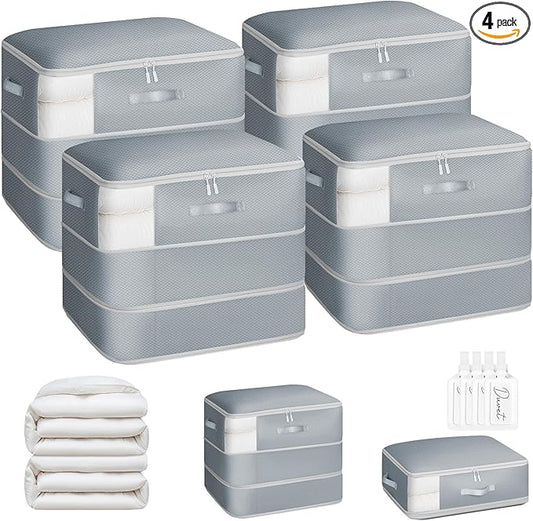 Homsorout 4 Pack Compression Storage Bags - 110L Large Capacity Comforter Storage Bag, 3-Layer Washable Ultra Space Saving Self Compression Organizer Space Bags for Blanket, Sweater, Sheet, Light Gray