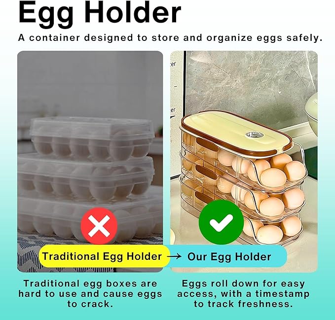 3-Tier Egg Dispenser for Refrigerator, Rolling Egg Organizer with Time Tracker, Stackable BPA-Free Egg Container Holds 42 Eggs, Fresh Egg Holder for Countertop Storage
