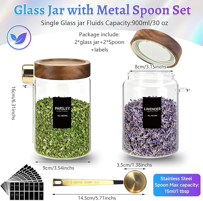 Airtight Glass Storage Jar with Lids Spoons Labels Coffee Ground Canister Sugar Container for Coffee Beans Nut Pasta Sugar Candy Spice Rice Loose Tea(900ml/30oz-2Pack)