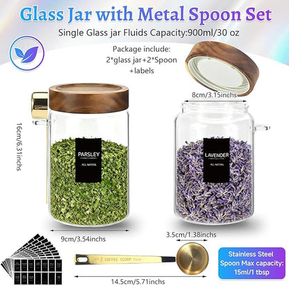 Airtight Glass Storage Jar with Lids Spoons Labels Coffee Ground Canister Sugar Container for Coffee Beans Nut Pasta Sugar Candy Spice Rice Loose Tea(900ml/30oz-2Pack)