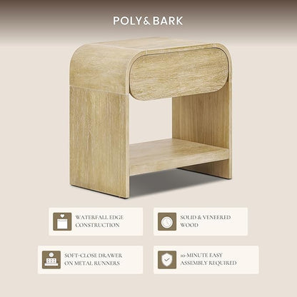 Poly & BARK Aledo 22” Nightstand – Solid and Veneered Wood Construction with Waterfall Edge Detail, One Smooth-Glide Drawer on Metal Runners – Modern Bedside Table for Stylish Bedrooms