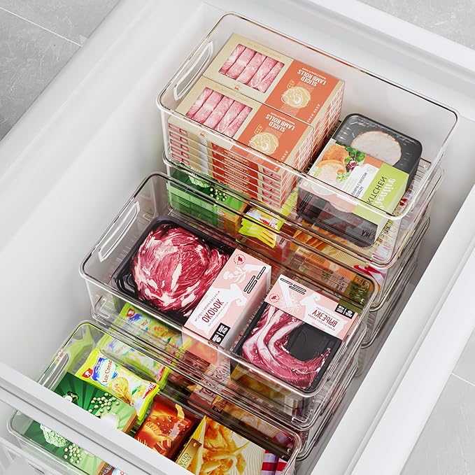 Heyuzb 8 PACK Freezer Organizer Bins Clear Stackable Storage Bins with Side Handles Refrigerator Organizers and Storage Home Organization Must Haves