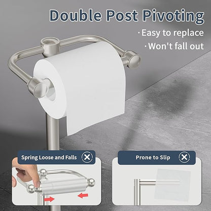 Toilet Paper Holder Stand, Post Pivoting Design Free Standing Toilet Paper Holder, SUS304 Stainless Steel Toilet Paper Roll Holder, Heavy Stable Base (Brushed Nickel)