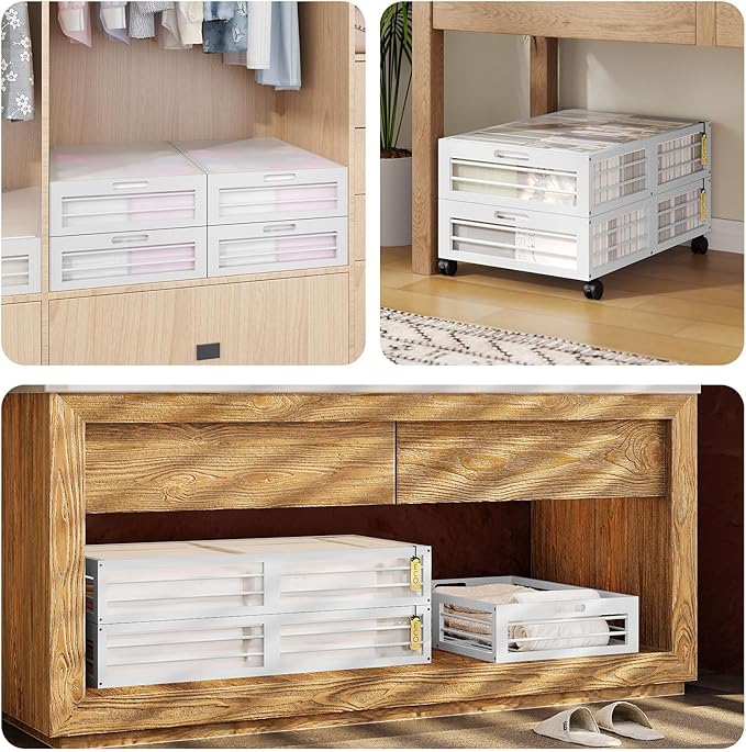 Bamboonova Bamboo Underbed Storage Containers with Wheels & Bag 2 Pack, Large Under Bed Rolling Storage Bins Wood Under Bed Clothes Storage Stackable Drawers for Bedroom Closet Under Crib Toy(White)