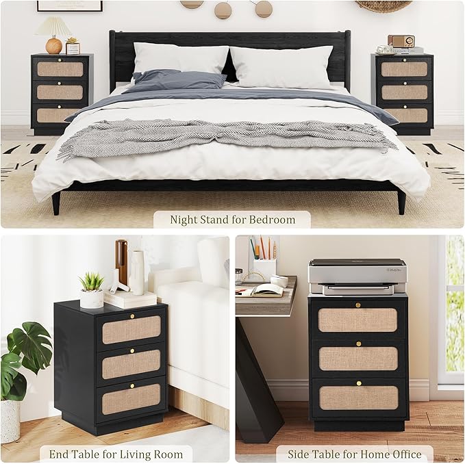 AVZEAR Mid Century Night Stand with 3 Drawers, Farmhouse End Table with Storage & Curved Linen Panel, Modern Nightstands Bedside Table Small Side Table for Small Space,Bedroom(Black)