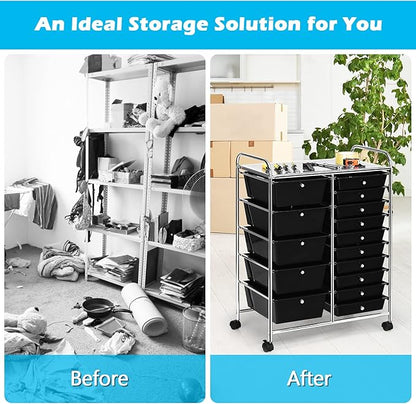 GOFLAME 15-Drawer Rolling Storage Cart, Craft Storage Cart with Removable Drawers & Lockable Wheels, Art Cart Supply Storage Organizer for Home Office Classroom, Black