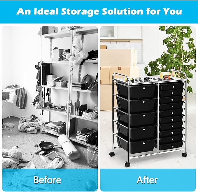 KOTEK 15-Drawer Rolling Storage Cart, Multipurpose Mobile Utility Cart with 4 Wheels, Home Office School Tools Scrapbook Paper Organizer (Black)