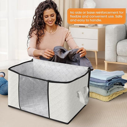 Fab totes 8 Pack Clothes Storage, Foldable Thick Fabric Blanket Storage Bags, Containers for Organizing Bedroom, Closet, Clothing, Comforter, Organization with Handle,Ivory White