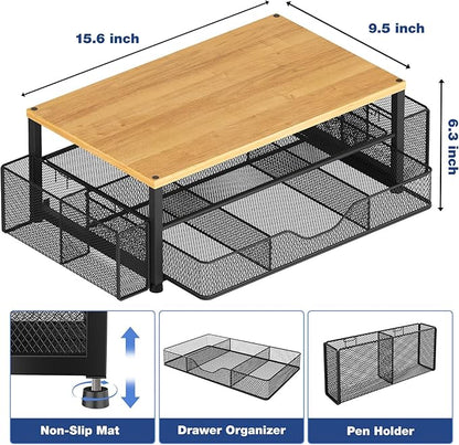 OPNICE Desk Organizers and Accessories, 2-Tier Computer Monitor Stand with Drawer and 2 Pen Holders, Laptop Stand, Office Desk Accessories for Office Supplies, Oak
