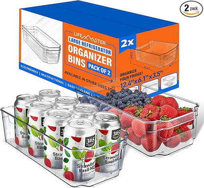 2-Piece Stackable Refrigerator Bin Organizer Set with Easy Grip Handles - Clear Multi-Purpose Storage Bins for Fridge and Pantry Use