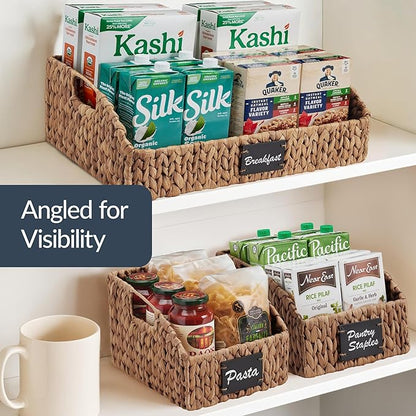 Best Choice Products Natural Hyacinth Angled Pantry Storage Baskets, Large Woven Wicker Storage Bins w/Handles, Storage Container Baskets for Shelves, Chalkboard Label & Marker (Set of 3) – Chestnut