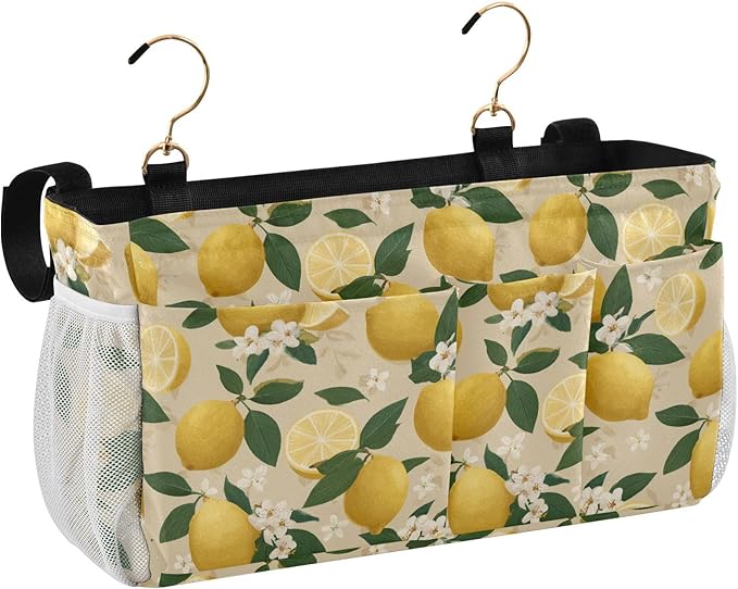 CuwrYet Bedside Caddy Hanging Bunk Bed Caddy Bed Organizer Hanging Pocket with 2 Hooks Bedside Storage Organizer Pocket Bag Holder Beige Lemons and Flowers