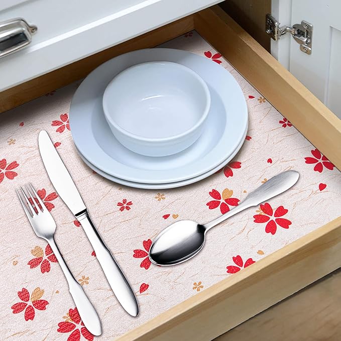 RAY STAR 12X120 Inch Shelf Liner for Kitchen Cabinets, Non-Adhesive Cabinet Liner Washable, PVC Drawer Liner for Dresser Non-Slip Bathroom (Red Floral)(5 Roll)