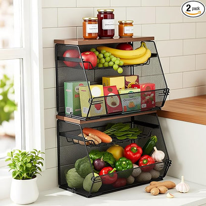 2 Pcs Stackable Fruit Basket with Lid for Kitchen Counter Storage Basket with Drawer Mesh Wall Hanging Wire Baskets with Lid Metal Vegetable Container for Kitchen 13.8 x 8.3 x 9.8''(Black)