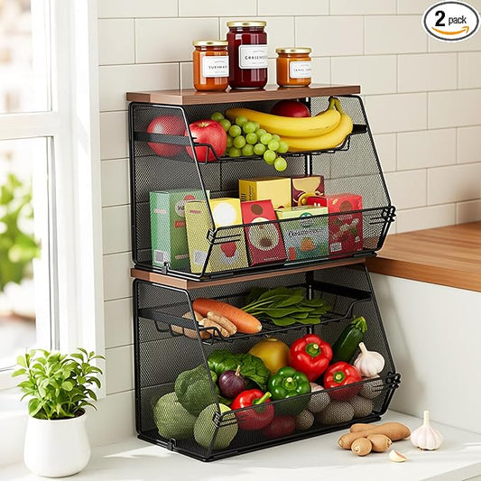 2 Pcs Stackable Fruit Basket with Lid for Kitchen Counter Storage Basket with Drawer Mesh Wall Hanging Wire Baskets with Lid Metal Vegetable Container for Kitchen 13.8 x 8.3 x 9.8''(Black)