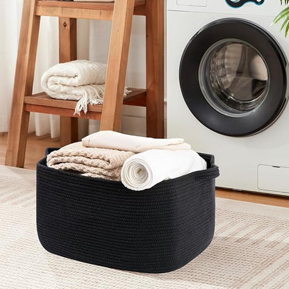Large Blanket Basket, Black Blanket Storage Living Room, Rectangle Woven Baskets for Storage Toys, Towels, Dirty Clothes Organizer Bins (Black)