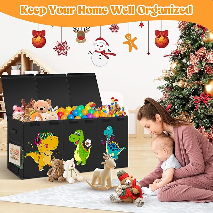 Extra Large Toy Box, Collapsible Toddlers Toy Chest Kids Storage Organizer, Dinosaur Bin Boxes Storage Basket with Lids for Boys, Girls, Living Room, Nursery, Playroom, 40"x14"x16", Black