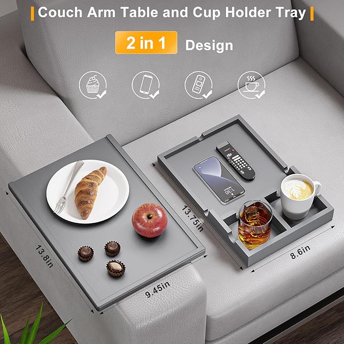 Bamboo Couch Cup Holder Tray - 2 in 1 Couch Armrest Table with Be Slide-Away Detachable Double Holder - Sofa Armchair Caddy for Drinking Snacks iPad TV Remote (Gray)