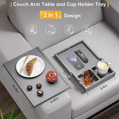 Bamboo Couch Cup Holder Tray - 2 in 1 Couch Armrest Table with Be Slide-Away Detachable Double Holder - Sofa Armchair Caddy for Drinking Snacks iPad TV Remote (Gray)