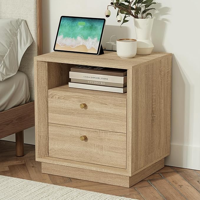 FORTUNETEC Nightstand with Charging Station, Mid Century Modern Nightstand with Wood Grain Texture, Boho End Table with Drawers Storage, Bedside Table for Bedroom Living Room Office, White Oak