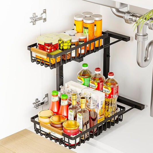 Under Sink Organizers, 2 Tier Pull Out Under Cabinet Organizer，Height Adjustable Pull Out Cabinet Drawers, Metal Sliding Drawer for Kitchen Bathroom Pantry Cabinet Closet Organization Rack，1 Pack