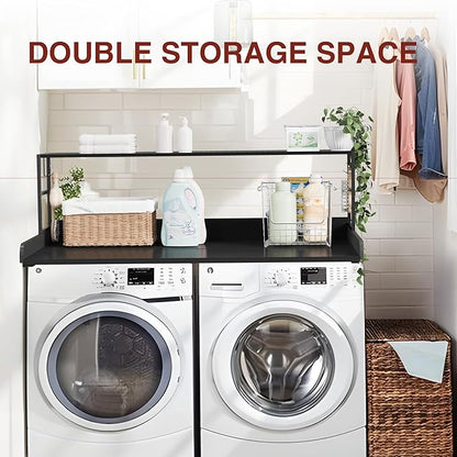 DTK Washer Dryer Countertop with Shelf, 27.55" Depth x 54" Width Laundry Wood Top Cover with Anti-Slip Strips, Over Washer and Dryer Wood Countertop with Edge Rails, Black