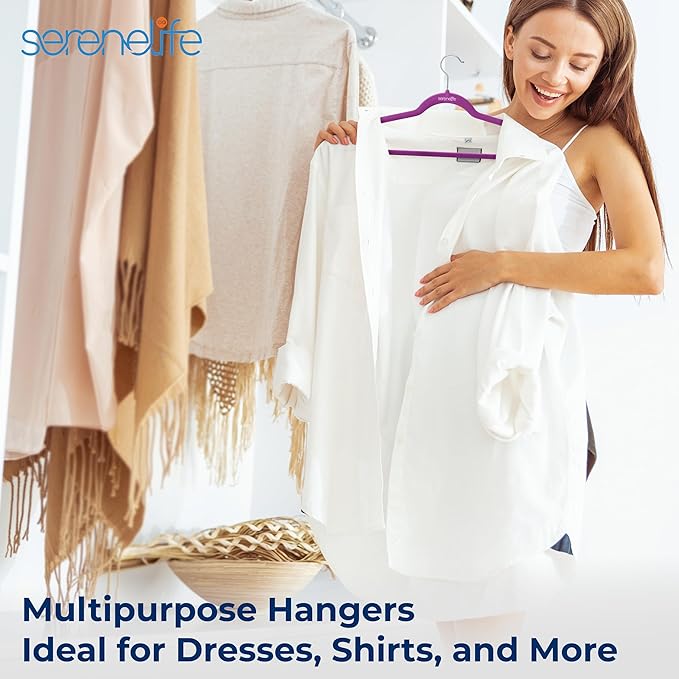 SereneLife 10 Pack Velvet Hangers – Non-Slip Clothes Hangers with Heavy Duty Design, Slim Space-Saving Coat Hangers with 360° Swivel Hook, Strong Lightweight Closet Organizer Set for Clothes (Purple)