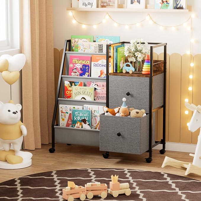 Book Shelf for Kids Rooms, Toddler Bookshelf Baby Bookcase with Kids Storage for Nursery, Bedroom, Playroom, Easy Assembly (Black)